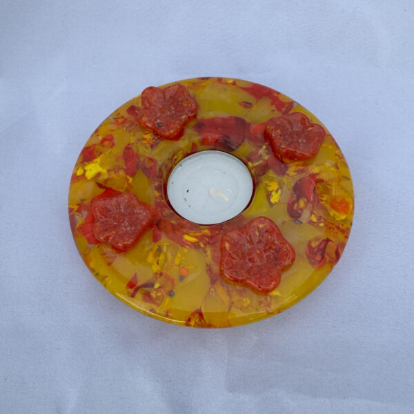 Yellow Glass Candle Holder with Red Flowers