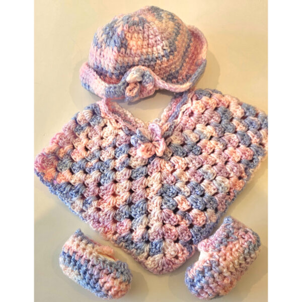 Pink Baby Hat, Poncho & Booties