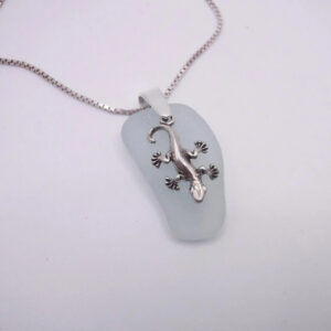 Sea Glass Pendant with Gecko Charm