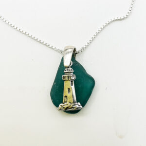 Teal Sea Glass Pendant with Lighthouse